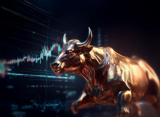 Leinwandbilder - A bronze bull, symbol of financial market strength, charges forward against a backdrop of dynamic stock market charts.  The scene suggests growth and positive market trends.