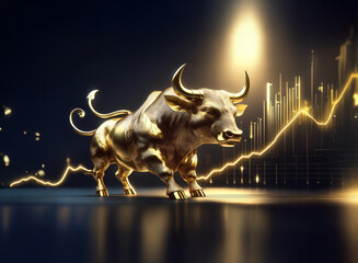 Poster - A golden bull, symbol of financial prosperity, stands majestically against a backdrop of upward trending market graphs.  Its powerful stance and glowing aura evoke success and growth.