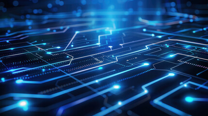 Poster - Abstract digital circuit board with glowing blue lines and lights, representing technology and innovation. intricate design evokes sense of advanced computing and connectivity