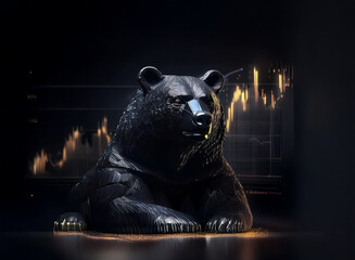 Aufkleber - A majestic black bear statue sits majestically,  illuminated against a backdrop of fiery stock market graphs, symbolizing financial market volatility and bearish trends.