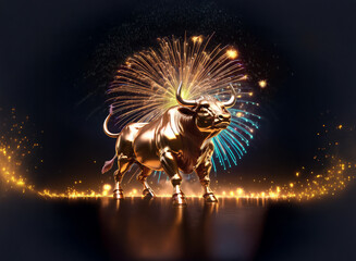 Poster - A golden bull, symbol of prosperity, stands majestically against a backdrop of vibrant fireworks, illuminating a celebratory scene.