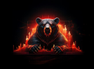 Aufkleber - A powerful black bear, rendered in a striking digital art style, emerges from a fiery, abstract background of red and orange energy.  Its intense gaze commands attention.