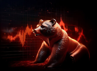Aufkleber - A bronze bear statue stands against a backdrop of a fiery red stock market graph depicting a downward trend, symbolizing a bear market.