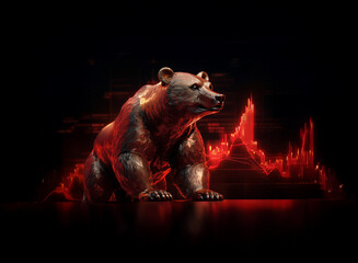 Aufkleber - A bronze bear statue stands majestically against a backdrop of a  fiery red, downward trending stock market graph, symbolizing a bearish market.