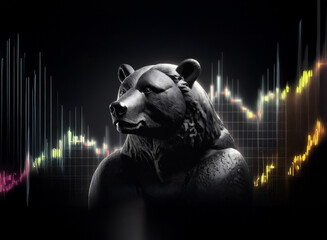 Fototapete - A majestic dark bear statue is prominently featured against a backdrop of vibrant, dynamic stock market charts, symbolizing market trends and financial fluctuations.