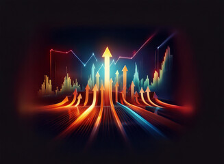 Aufkleber - Dynamic upward trending arrows illuminate a dark background, symbolizing growth and progress in finance or business.  The glowing lines suggest a fast-paced, energetic market.