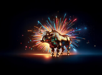 Poster - A majestic golden bull stands proudly amidst a vibrant firework explosion, symbolizing prosperity and strength.  The dark background enhances the brilliance of the scene.