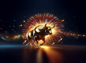 Aufkleber - A golden bull, symbol of prosperity, powerfully strides forward, encircled by celebratory fireworks and upward-pointing arrows, suggesting financial success and growth.