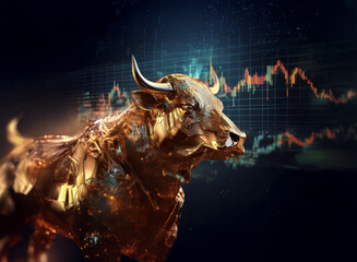 Poster - A golden bull, symbol of financial market strength, stands against a backdrop of dynamic stock market charts, representing growth and prosperity.