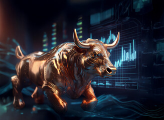 Aufkleber - A bronze bull statue charges forward against a backdrop of dynamic financial charts, symbolizing market growth and bullish trends.  The image conveys strength, power, and financial success.
