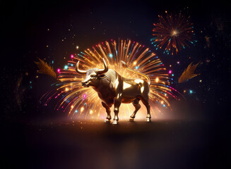 Poster - A majestic golden bull stands proudly before a vibrant fireworks display, flanked by golden fish, symbolizing prosperity and celebration.