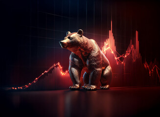 Leinwandbilder - A bronze bear statue sits majestically before a dramatic, plunging red stock market graph, symbolizing a bearish market trend.  The dark background enhances the image's intensity.