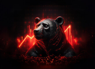 Poster - A dark, brooding bear statue, seemingly made of obsidian, is set against a fiery red background featuring a downward-trending graph.  The scene evokes feelings of financial downturn and market instabi