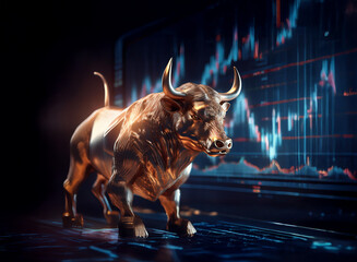 Aufkleber - A golden bull statue stands majestically before a vibrant stock market graph, symbolizing financial strength and upward trends.  The scene is dark, highlighting the bull's powerful presence.