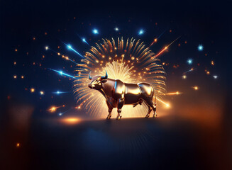 Poster - A majestic golden bull stands proudly against a backdrop of vibrant fireworks, symbolizing prosperity and celebration.
