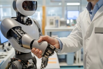Poster - Human and robot shake hands in a modern laboratory setting during a technology demonstration