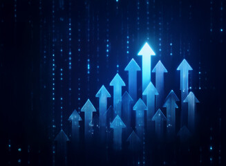 Leinwandbilder - Glowing blue arrows ascend on a dark digital background, symbolizing growth and progress in a technological context.  The brightest arrow leads the way, representing success and upward trajectory.