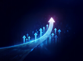 Aufkleber - a luminous blue arrow ascends, symbolizing growth and progress within a digital, technological lands