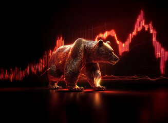 Poster - A fiery metallic bear stands against a backdrop of a sharply declining stock market graph, symbolizing a bearish market trend.  Red tones dominate the scene, emphasizing the negative financial climate