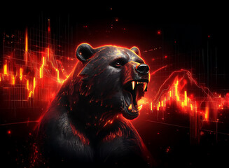 Aufkleber - A roaring black bear, engulfed in fiery digital stock market graph, symbolizes a market crash.  The intense red and black colors create a dramatic visual representing financial downturn.