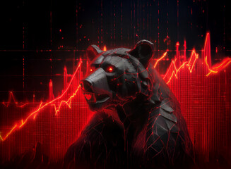 Aufkleber - Fiery red stock market graph plunges downward behind a menacing, polygonal black bear with glowing red eyes.  A symbol of market decline and bearish trends.