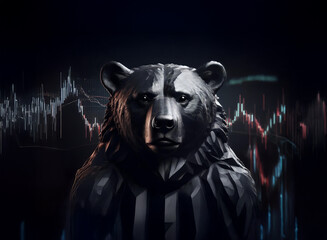 Aufkleber - A dark, stylized bear statue is centered against a backdrop of dynamic stock market charts, symbolizing market downturn or bearish trend.