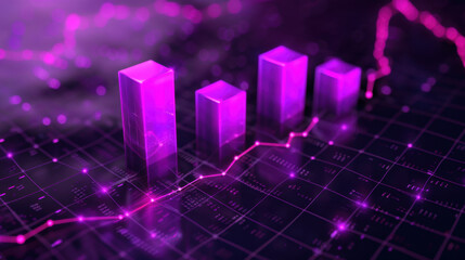 Poster - vibrant purple graph with bars and rising line, symbolizing growth and data analysis. background features digital grid, enhancing modern feel