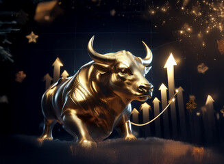 Aufkleber - A majestic golden bull statue stands amidst a celebratory, snowy scene,  upward-pointing arrows signifying growth and prosperity.  Sparkling lights and festive elements add to the triumphant atmospher