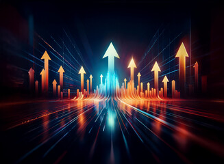 Leinwandbilder - Glowing arrows ascend in a dynamic, futuristic landscape, symbolizing growth, progress, and technological advancement.  The vibrant streaks of light evoke a sense of speed and momentum.