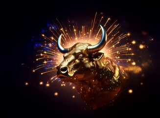 Aufkleber - A majestic golden bull's head, powerfully rendered, is dramatically showcased against a backdrop of vibrant fireworks, creating a striking image of strength and celebration.
