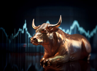 Aufkleber - A bronze bull statue rests on a reflective surface before a dynamic stock market graph, symbolizing financial strength and upward trends.