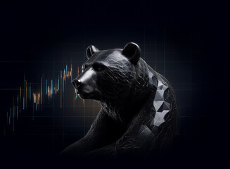 Aufkleber - A stylized black bear, rendered in a low-poly aesthetic, sits beside a candlestick chart, symbolizing a bearish market trend.  The dark background enhances the image's dramatic mood.