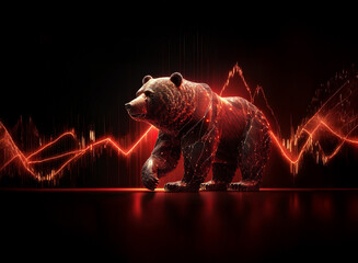 Aufkleber - A fiery, digital bear stands against a backdrop of a falling stock market graph, symbolizing a bearish market trend.  The image uses red and orange tones to represent the decline.