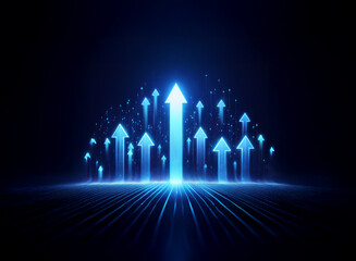 Aufkleber - glowing blue arrows ascend from a dark, gridded plane, symbolizing growth, progress, and technologic