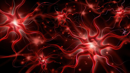 Poster - neurons glowing in red against dark background, representing neural connections and activity. this e