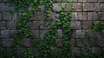 Wall Mural - Lush green vines growing on textured stone wall, creating natural and serene atmosphere. interplay of stone and foliage adds depth and beauty to scene