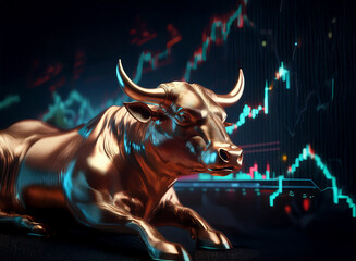 Aufkleber - A majestic bronze bull statue rests before a dynamic stock market graph, symbolizing financial strength and market trends.  The image evokes feelings of power, prosperity, and investment.