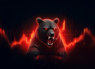 Aufkleber - A menacing brown bear, eyes glowing red, emerges from a dark background, framed by fiery red stock market graphs depicting a downturn.  The image symbolizes market decline and bearish trends.