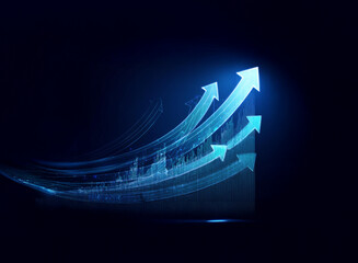 Poster - Three glowing blue arrows ascend against a dark background, symbolizing growth and progress.  Data streams trail behind, illustrating dynamic upward trajectory.
