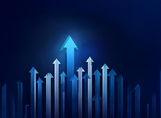 Poster - Multiple upward-pointing arrows, glowing blue, illustrate growth, progress, and success.  A prominent central arrow signifies leadership and achievement.