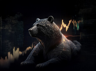 Poster - A powerful black bear, rendered in a low-poly style, sits before a backdrop of a dark city skyline and a falling stock market graph, symbolizing a bearish market trend.