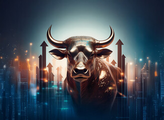 Poster - A bronze bull statue stands majestically against a backdrop of a futuristic city skyline and rising arrows, symbolizing financial growth and market bullishness.
