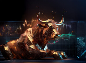 Poster - A bronze bull, symbol of financial strength, rests before a dynamic stock market graph, showcasing market trends and potential growth.  Its metallic sheen reflects the vibrant chart data.