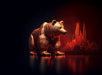 Poster - A fiery, polygonal bear stands before a falling stock market graph, symbolizing a market downturn.  The scene is dark and dramatic, highlighting the bear's ominous presence.