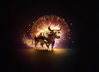 Poster - A majestic golden bull stands proudly against a dark background, encircled by vibrant fireworks.  The scene evokes power, celebration, and the zodiac sign Taurus.