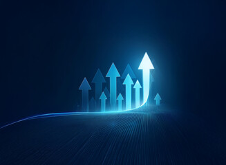 Aufkleber - Glowing blue arrows ascend, symbolizing growth, progress, and upward trajectory.  The design suggests a positive trend and technological advancement.