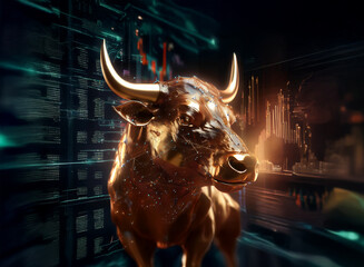 Aufkleber - A majestic golden bull, shimmering with light, stands amidst a vibrant, abstract backdrop of financial data streams and glowing charts, symbolizing wealth and market growth.