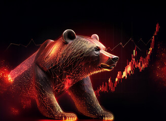 Poster - Fiery, polygonal bear amidst a volatile stock market graph, symbolizing market downturn.  Red and gold hues dominate the dark background.