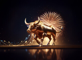 Poster - A majestic golden bull statue strides forward against a backdrop of celebratory fireworks and upward-trending arrows, symbolizing prosperity and growth.