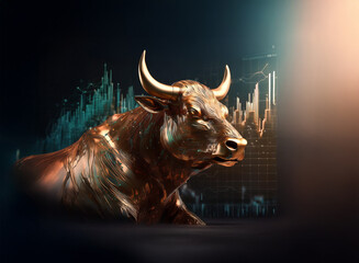Poster - A powerful bronze bull, symbol of financial strength, rests against a backdrop of dynamic stock market charts, suggesting growth and prosperity in the investment world.